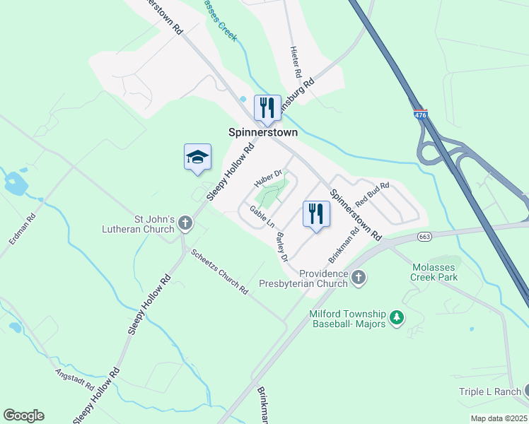 map of restaurants, bars, coffee shops, grocery stores, and more near 2017 Huber Drive in Quakertown