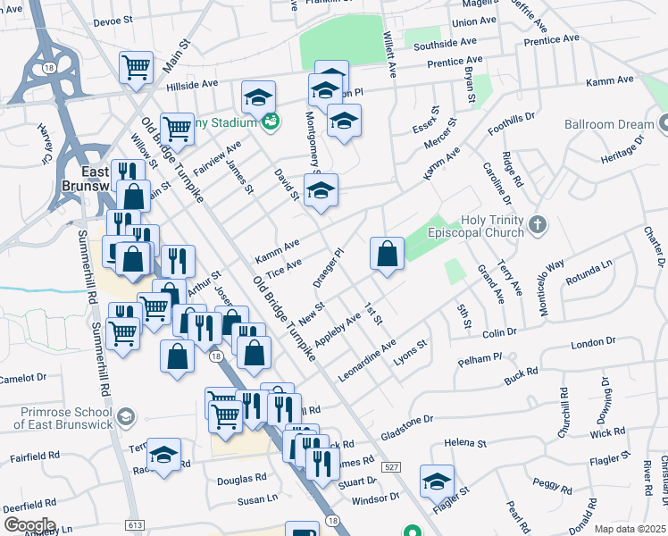 map of restaurants, bars, coffee shops, grocery stores, and more near 32 Draeger Place in South River