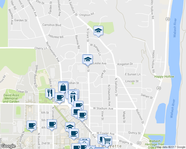 map of restaurants, bars, coffee shops, grocery stores, and more near 325 Jefferson Drive in West Lafayette