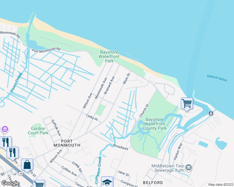 map of restaurants, bars, coffee shops, grocery stores, and more near 36 Main Street in Port Monmouth