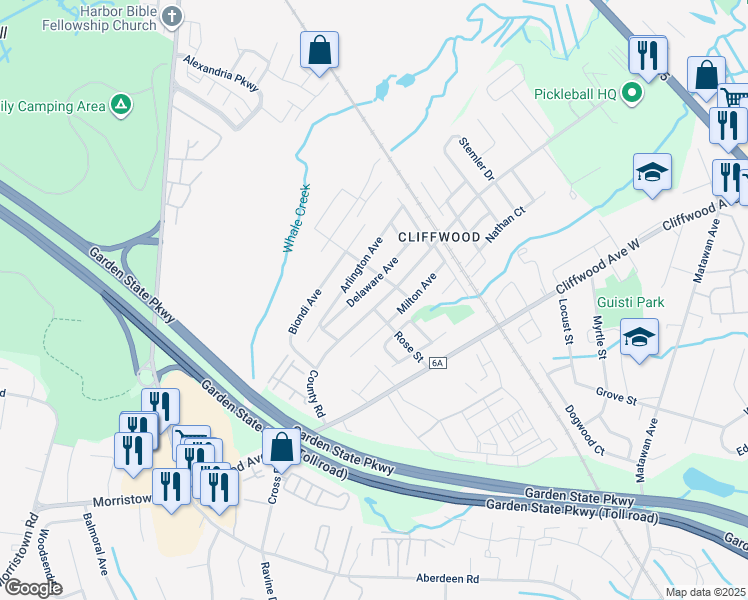 map of restaurants, bars, coffee shops, grocery stores, and more near 154 County Road in Aberdeen Township