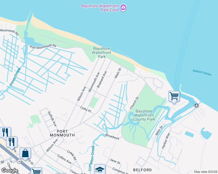 map of restaurants, bars, coffee shops, grocery stores, and more near 30 Main Street in Port Monmouth