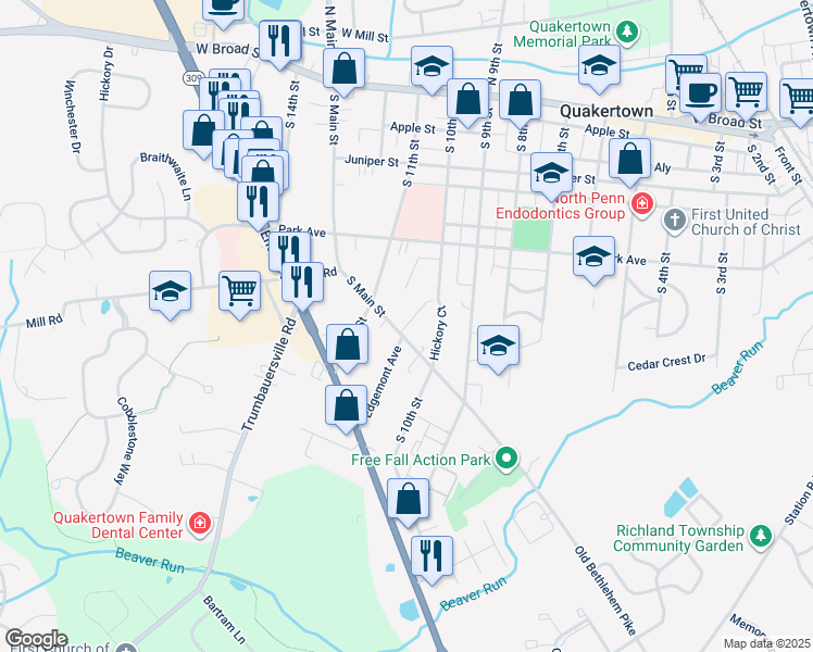 map of restaurants, bars, coffee shops, grocery stores, and more near 21 Moores Court in Quakertown