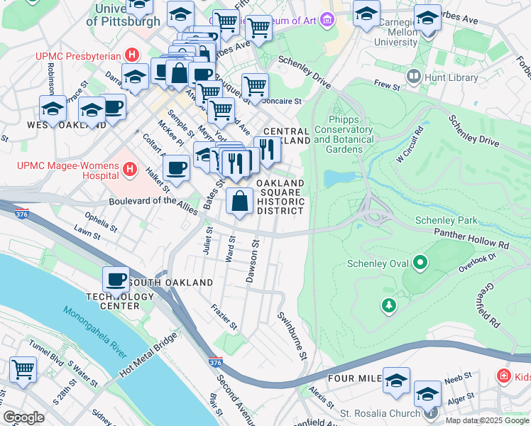 map of restaurants, bars, coffee shops, grocery stores, and more near 3435 Dawson Street in Pittsburgh