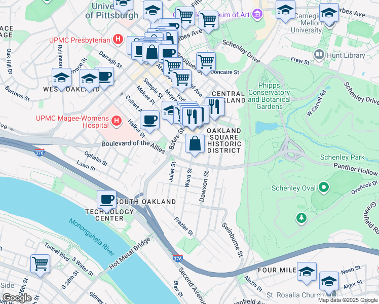 map of restaurants, bars, coffee shops, grocery stores, and more near 3441 Ward Street in Pittsburgh