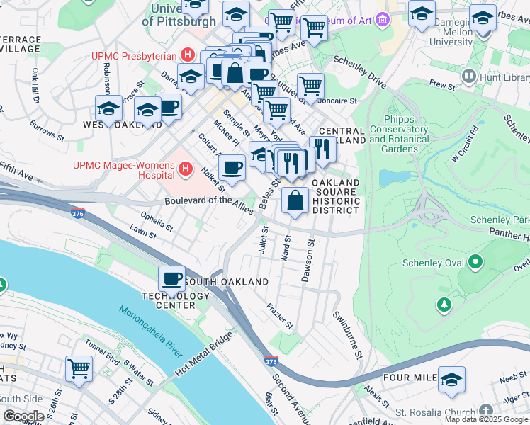 map of restaurants, bars, coffee shops, grocery stores, and more near in Pittsburgh