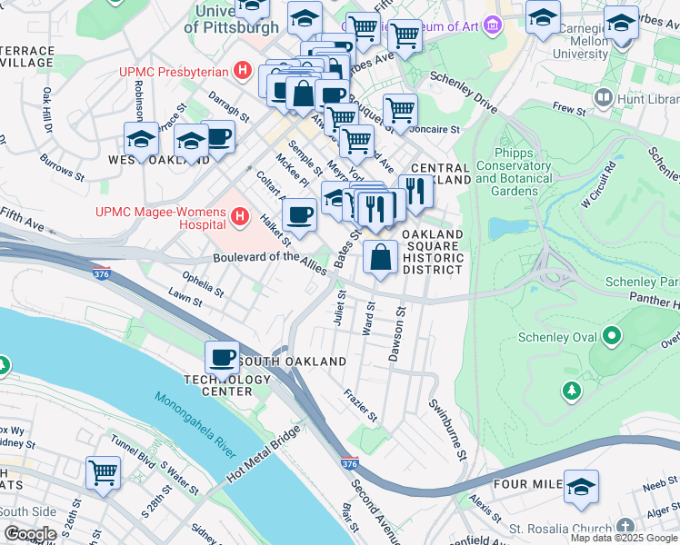 map of restaurants, bars, coffee shops, grocery stores, and more near in Pittsburgh