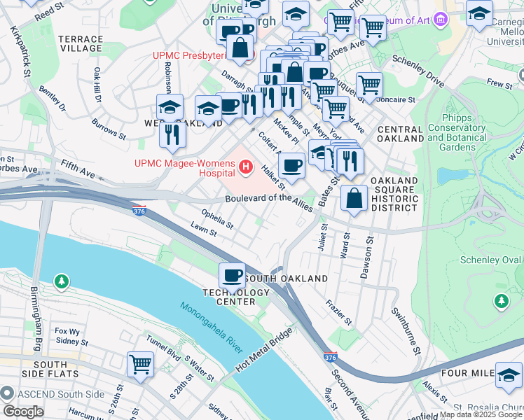 map of restaurants, bars, coffee shops, grocery stores, and more near 327 Craft Avenue in Pittsburgh