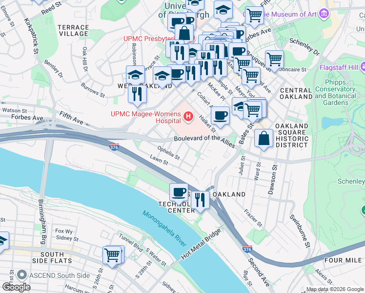 map of restaurants, bars, coffee shops, grocery stores, and more near in Pittsburgh