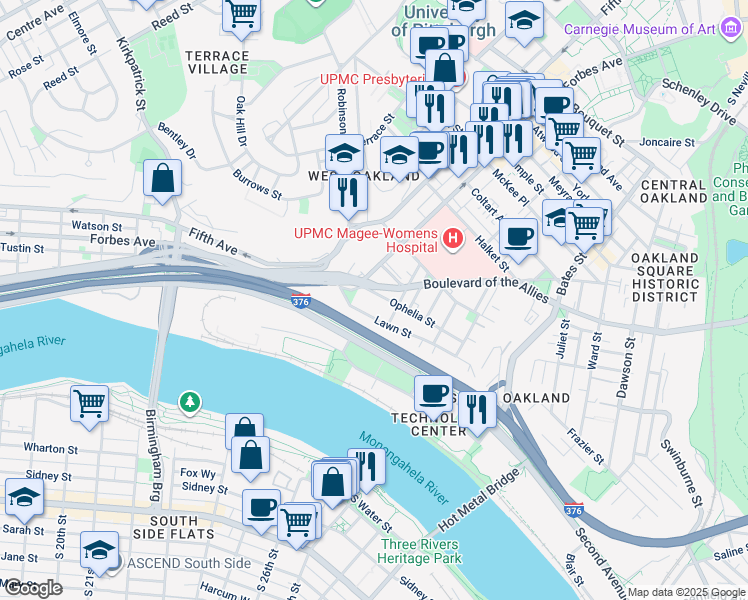 map of restaurants, bars, coffee shops, grocery stores, and more near 202 Ophelia Street in Pittsburgh