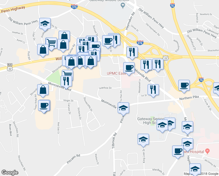 map of restaurants, bars, coffee shops, grocery stores, and more near 4163 Ivanhoe Drive in Monroeville