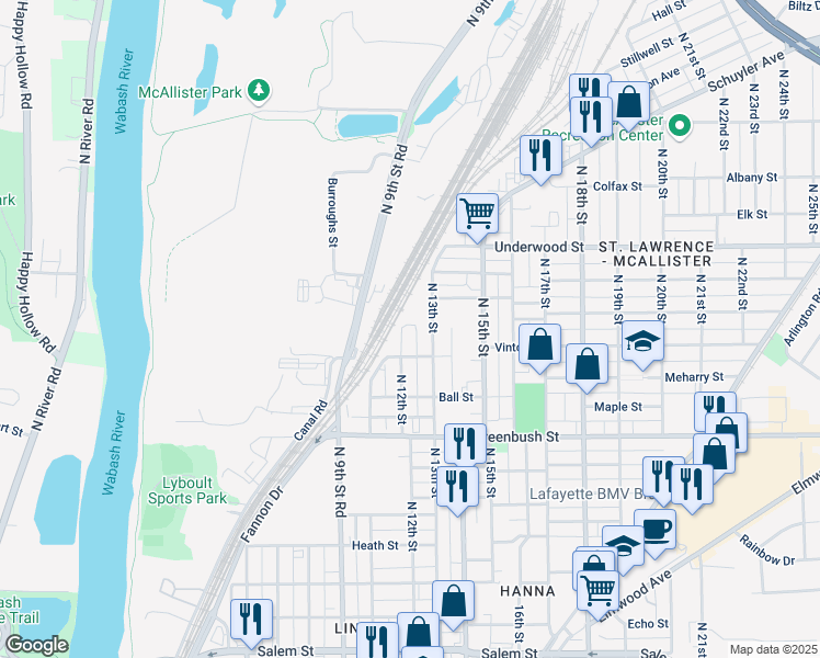 map of restaurants, bars, coffee shops, grocery stores, and more near 1727 North 12th Street in Lafayette