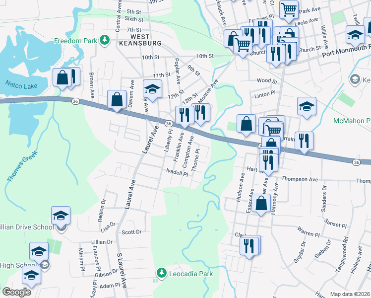 map of restaurants, bars, coffee shops, grocery stores, and more near 44 Franklin Avenue in Keansburg