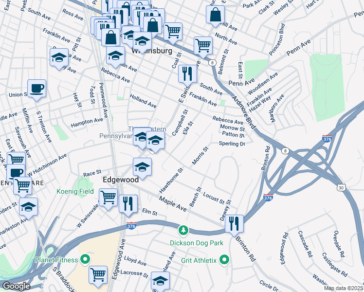map of restaurants, bars, coffee shops, grocery stores, and more near 426 Ella Street in Pittsburgh