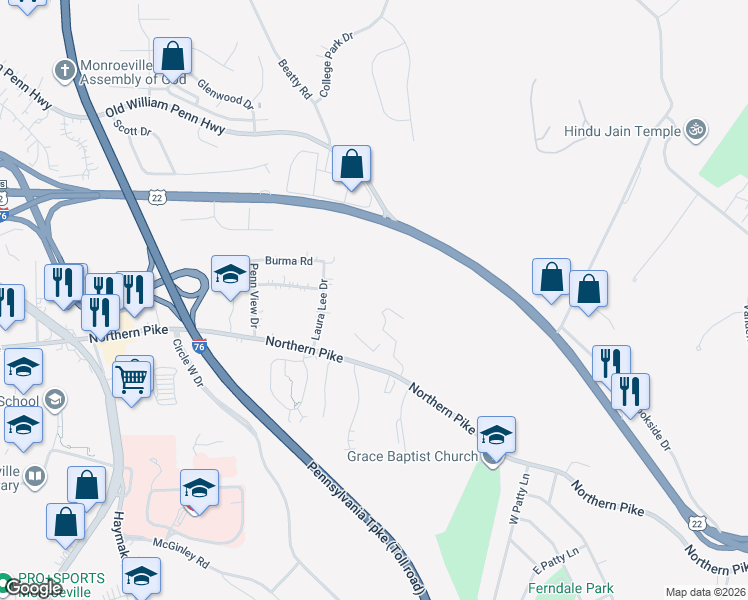 map of restaurants, bars, coffee shops, grocery stores, and more near 540 Deauville Drive in Monroeville