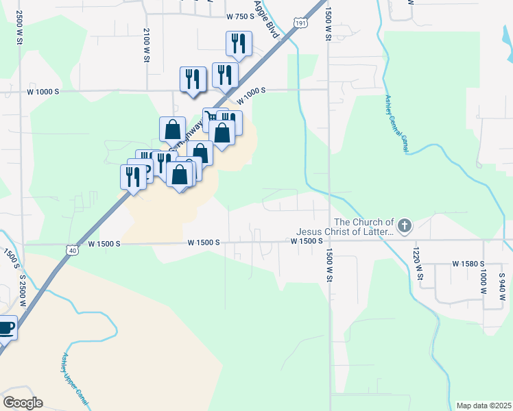 map of restaurants, bars, coffee shops, grocery stores, and more near 1394 South 1700 West in Vernal