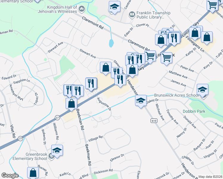 map of restaurants, bars, coffee shops, grocery stores, and more near 3146 New Jersey 27 in South Brunswick Township