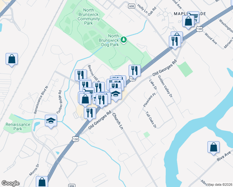 map of restaurants, bars, coffee shops, grocery stores, and more near 2182 U.S. 130 in North Brunswick Township