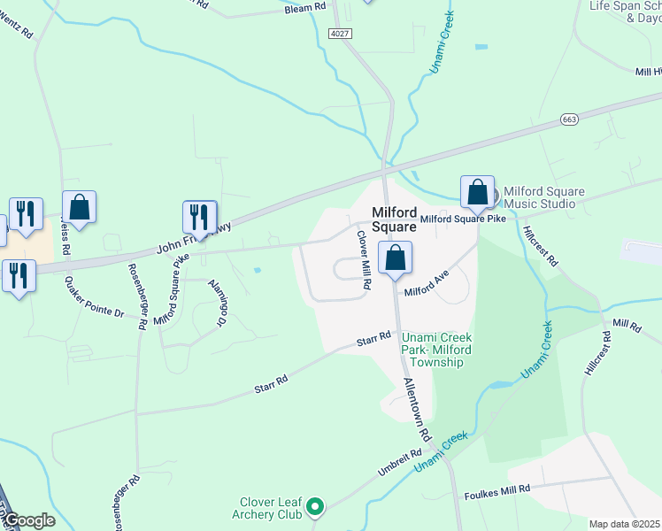 map of restaurants, bars, coffee shops, grocery stores, and more near 2144 Mill Valley Lane in Quakertown