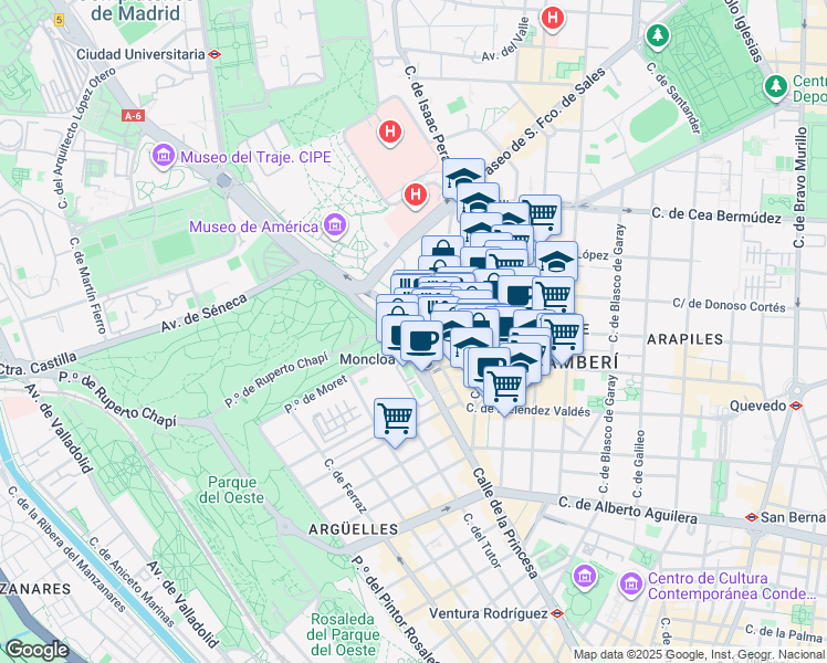 map of restaurants, bars, coffee shops, grocery stores, and more near in Madrid