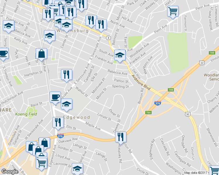map of restaurants, bars, coffee shops, grocery stores, and more near 1148 Sperling Drive in Pittsburgh