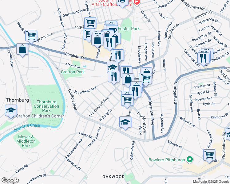 map of restaurants, bars, coffee shops, grocery stores, and more near 96 North Linwood Avenue in Pittsburgh