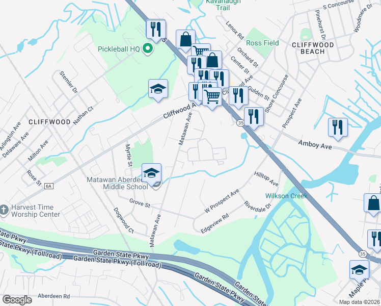 map of restaurants, bars, coffee shops, grocery stores, and more near 402 Matawan Avenue in Aberdeen Township