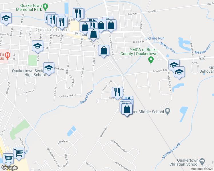map of restaurants, bars, coffee shops, grocery stores, and more near 169 Beaver Run Drive in Quakertown