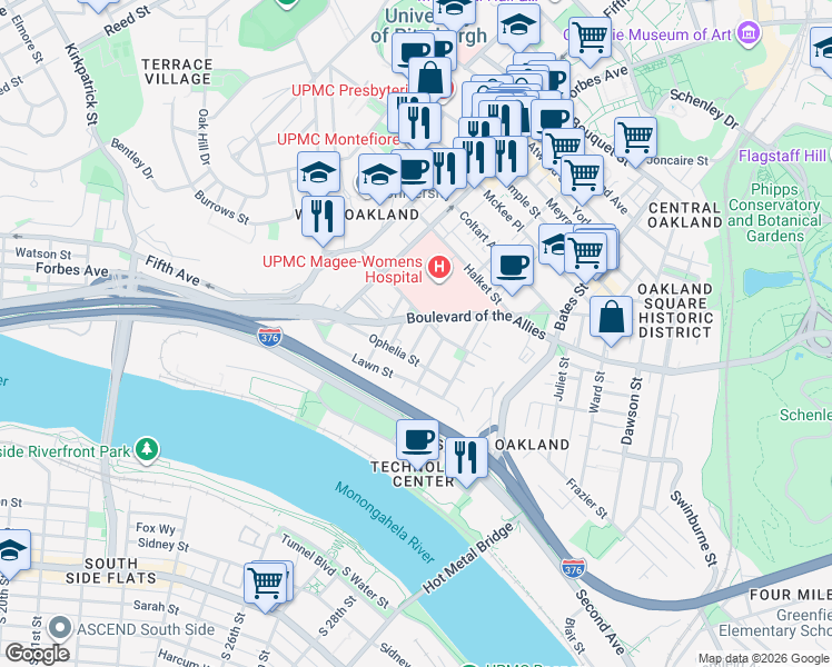 map of restaurants, bars, coffee shops, grocery stores, and more near in Pittsburgh