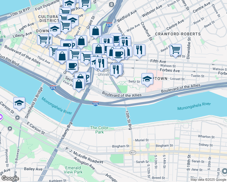 map of restaurants, bars, coffee shops, grocery stores, and more near in Pittsburgh