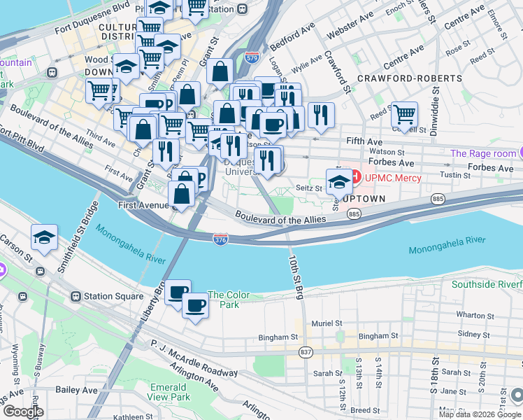 map of restaurants, bars, coffee shops, grocery stores, and more near in Pittsburgh