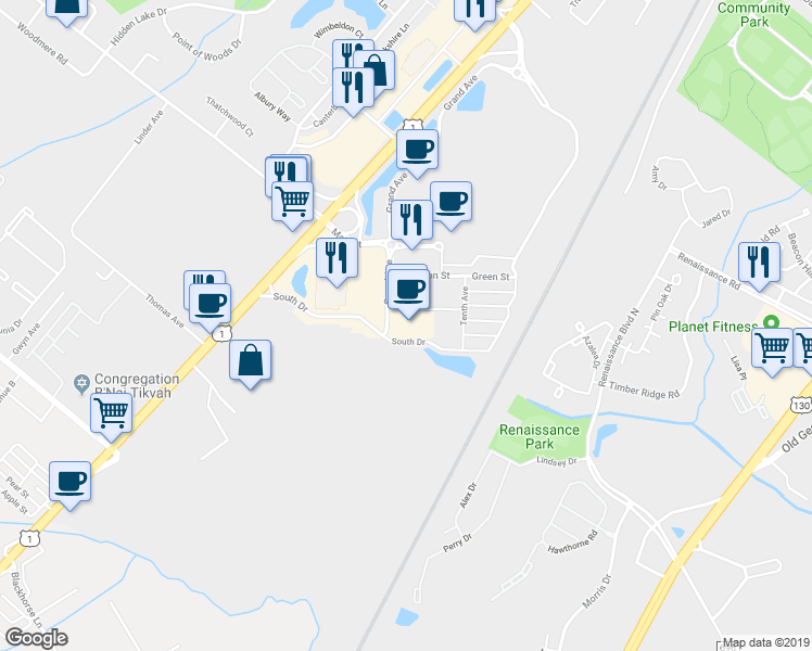 map of restaurants, bars, coffee shops, grocery stores, and more near 101 Grand Avenue in North Brunswick Township