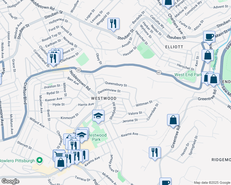 map of restaurants, bars, coffee shops, grocery stores, and more near 1227 Denisonview Street in Pittsburgh