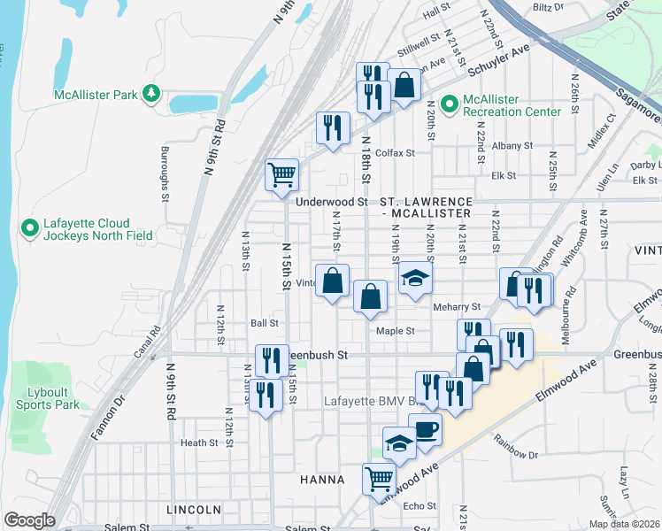 map of restaurants, bars, coffee shops, grocery stores, and more near 1821 North 16th Street in Lafayette