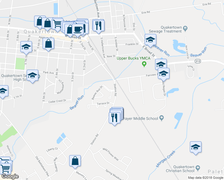map of restaurants, bars, coffee shops, grocery stores, and more near 30 Beaver Run Drive in Quakertown