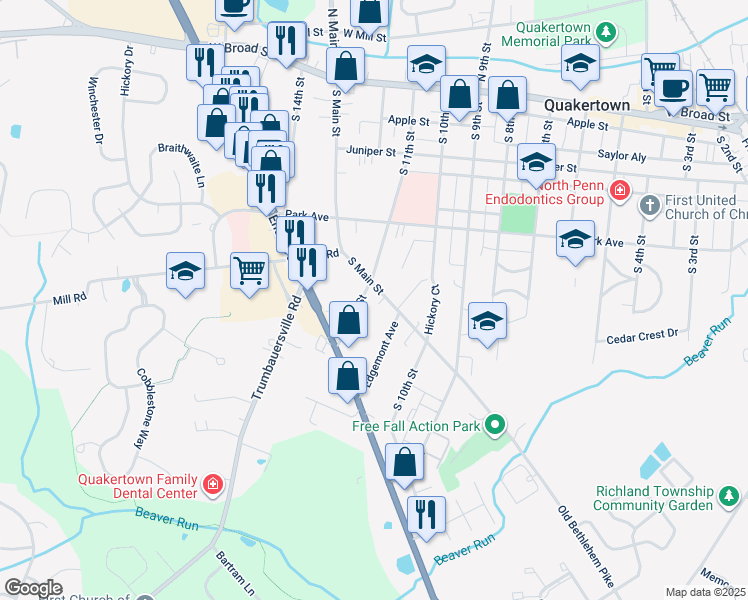 map of restaurants, bars, coffee shops, grocery stores, and more near 310 South Main Street in Quakertown