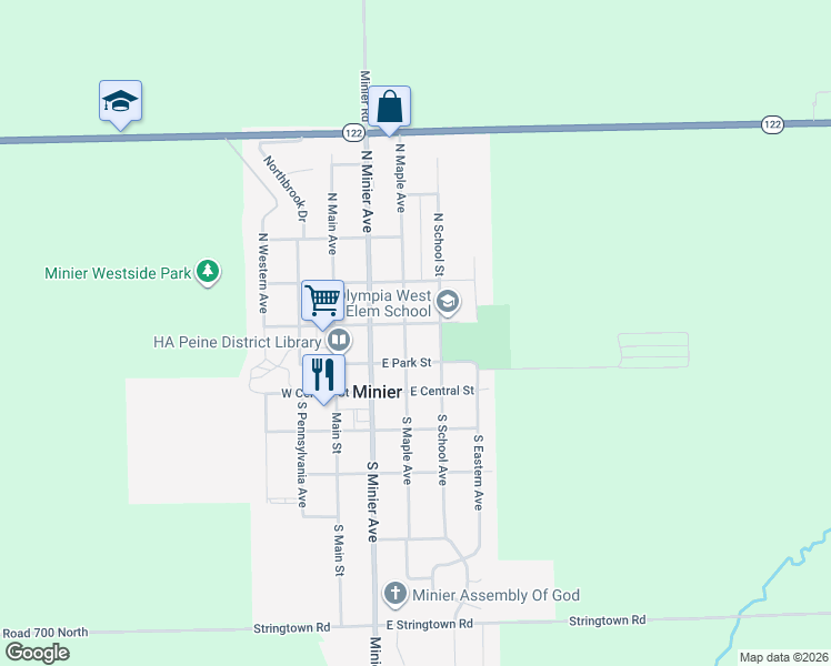 map of restaurants, bars, coffee shops, grocery stores, and more near 214 North Maple Avenue in Minier