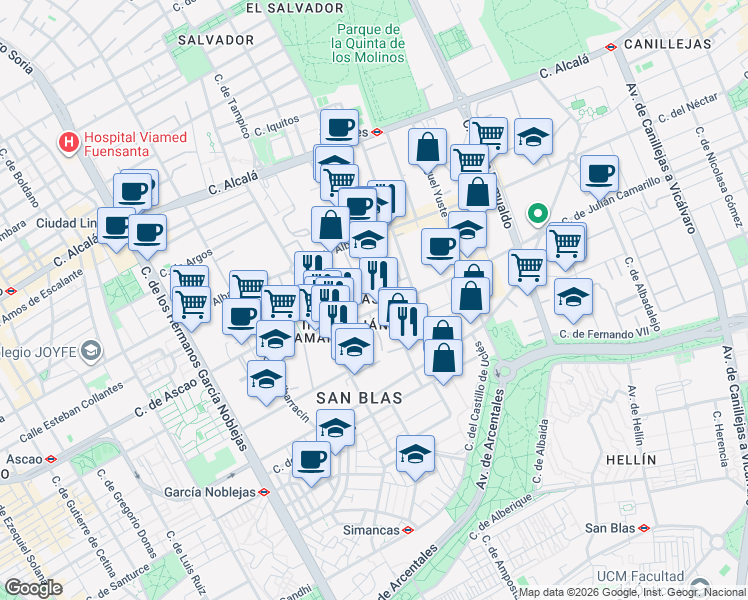 map of restaurants, bars, coffee shops, grocery stores, and more near 31 Calle de Julián Camarillo in Madrid