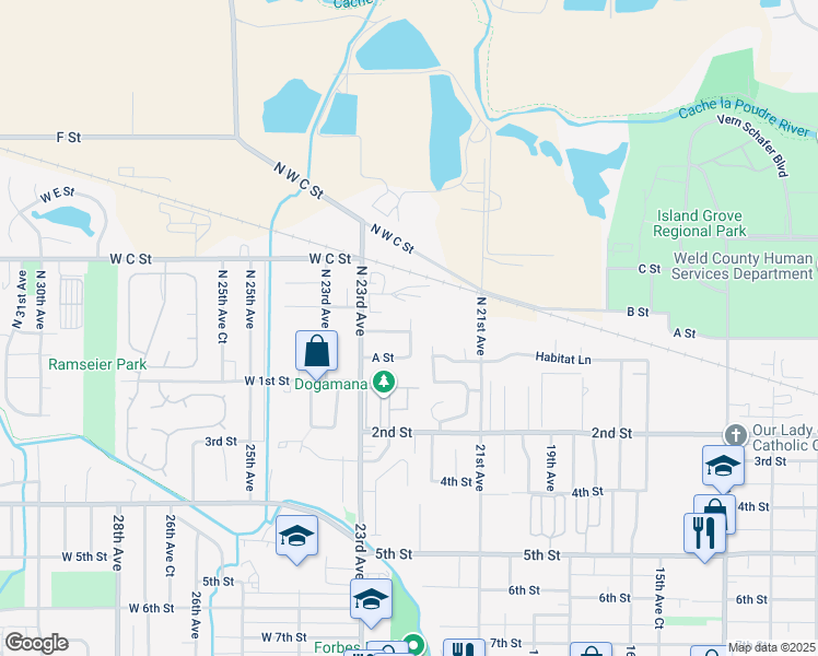 map of restaurants, bars, coffee shops, grocery stores, and more near 226 North 22rd Avenue in Greeley