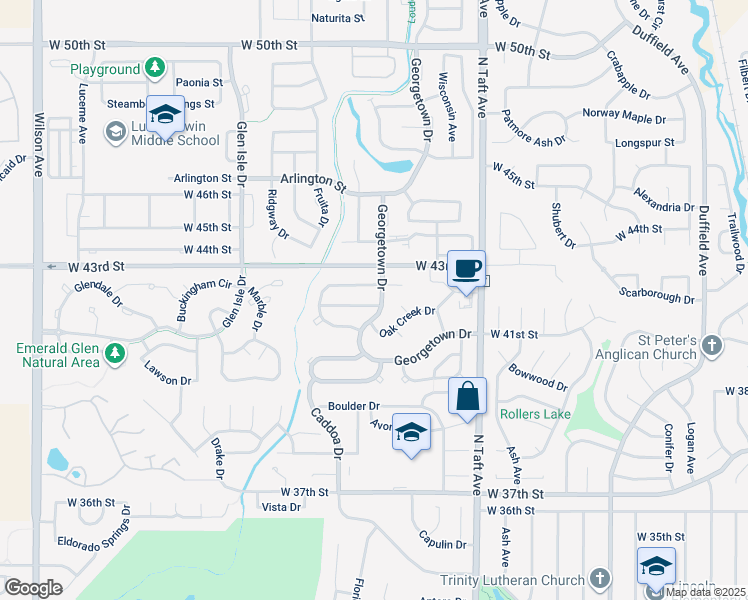 map of restaurants, bars, coffee shops, grocery stores, and more near 4261 Georgetown Drive in Loveland