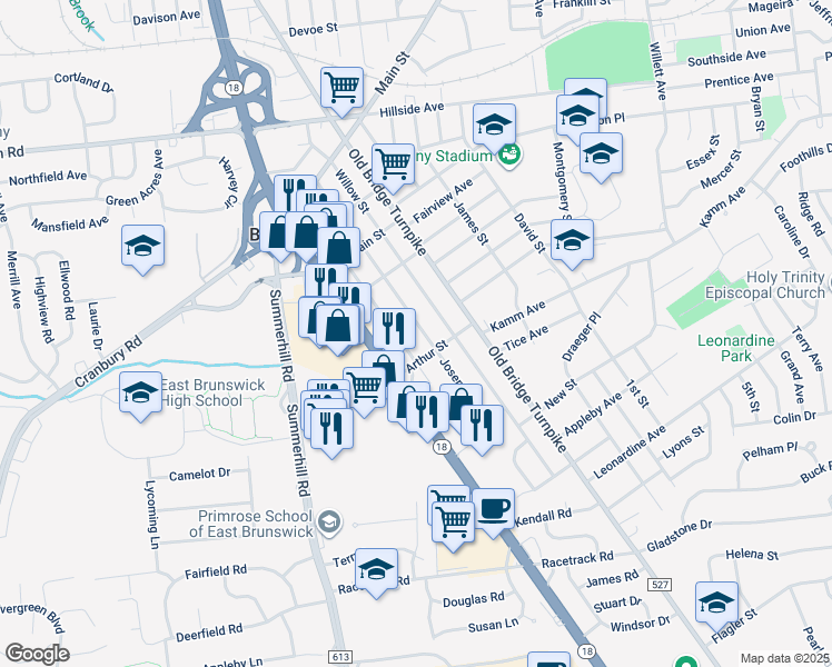map of restaurants, bars, coffee shops, grocery stores, and more near 149 Joseph Street in East Brunswick