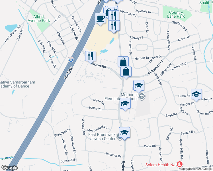 map of restaurants, bars, coffee shops, grocery stores, and more near 15 Firethorn Court in East Brunswick