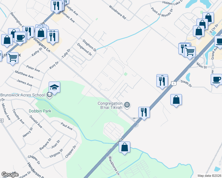 map of restaurants, bars, coffee shops, grocery stores, and more near 7 Petunia Drive in North Brunswick Township