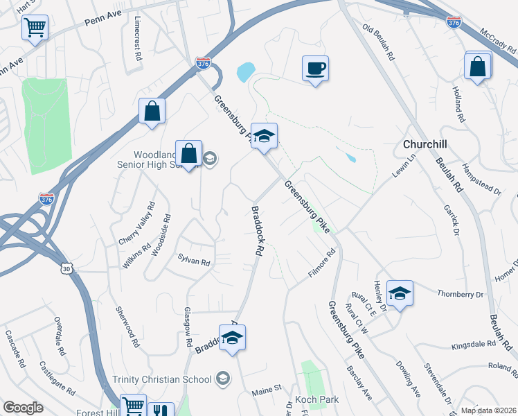 map of restaurants, bars, coffee shops, grocery stores, and more near 994 Braddock Road in Pittsburgh