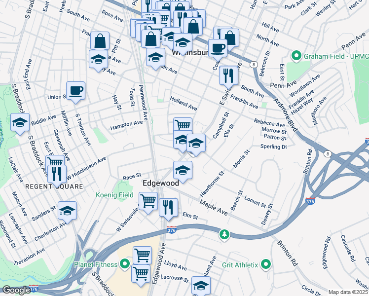 map of restaurants, bars, coffee shops, grocery stores, and more near 323 East Swissvale Avenue in Pittsburgh