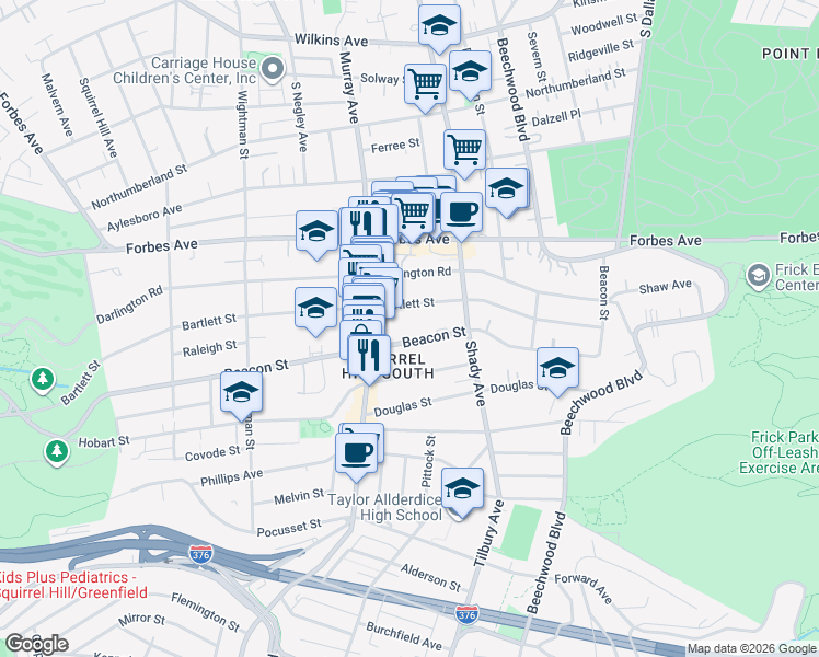 map of restaurants, bars, coffee shops, grocery stores, and more near 5837 Beacon Street in Pittsburgh