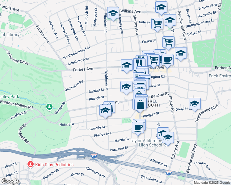 map of restaurants, bars, coffee shops, grocery stores, and more near 5622 Bartlett Street in Pittsburgh