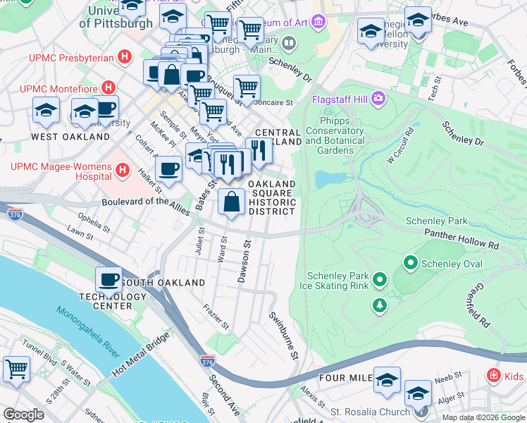 map of restaurants, bars, coffee shops, grocery stores, and more near 3435 Dawson Street in Pittsburgh
