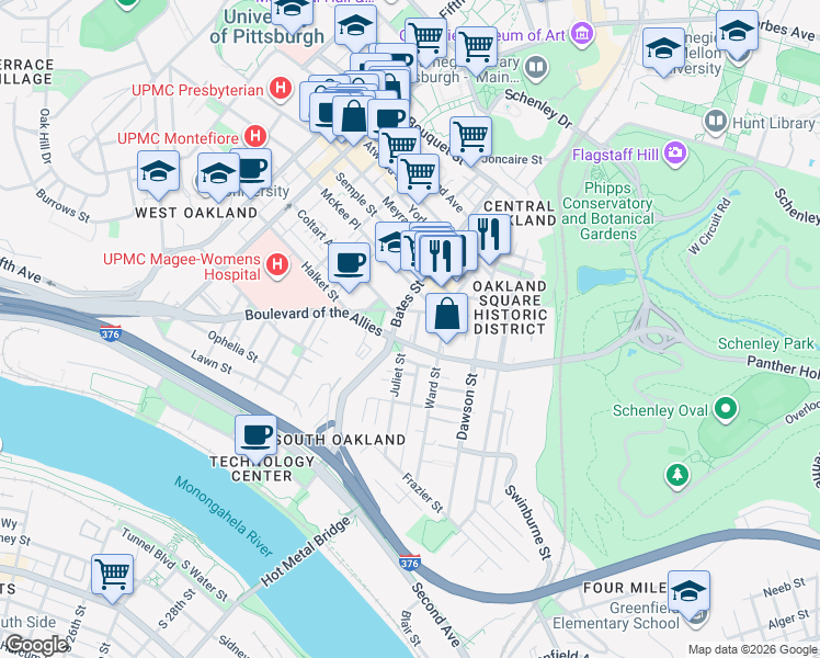 map of restaurants, bars, coffee shops, grocery stores, and more near in Pittsburgh