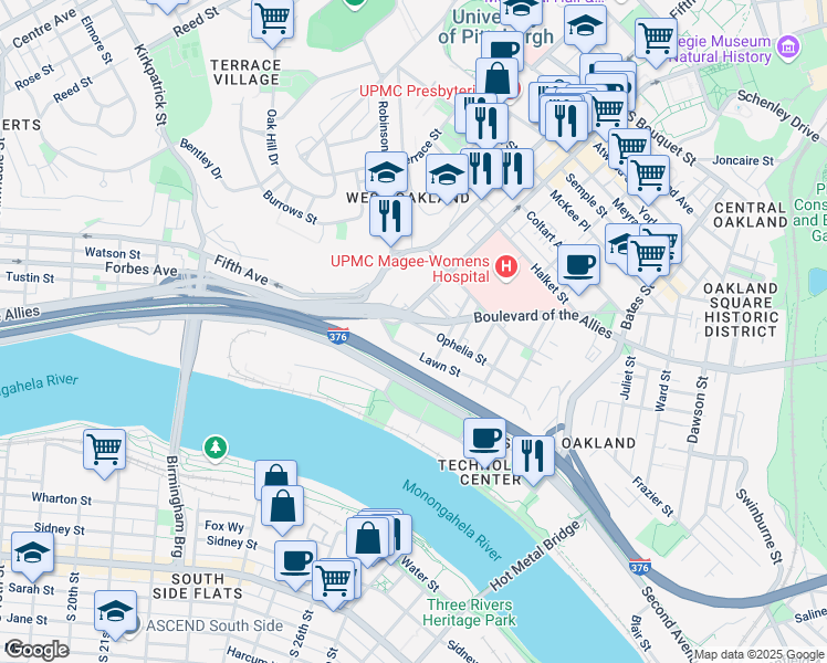 map of restaurants, bars, coffee shops, grocery stores, and more near 202 Ophelia Street in Pittsburgh